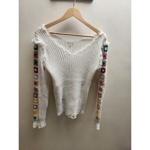POL White Distressed Knit Sweater Crochet Patchwork Sleeve V Neck M